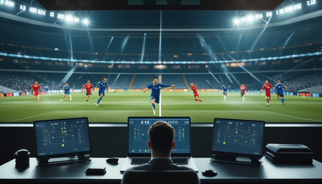 Pertandingan sepak bola di stadion yang menampilkan tim underdog menghadapi tim unggulan, dengan analis mengamati data pertandingan.