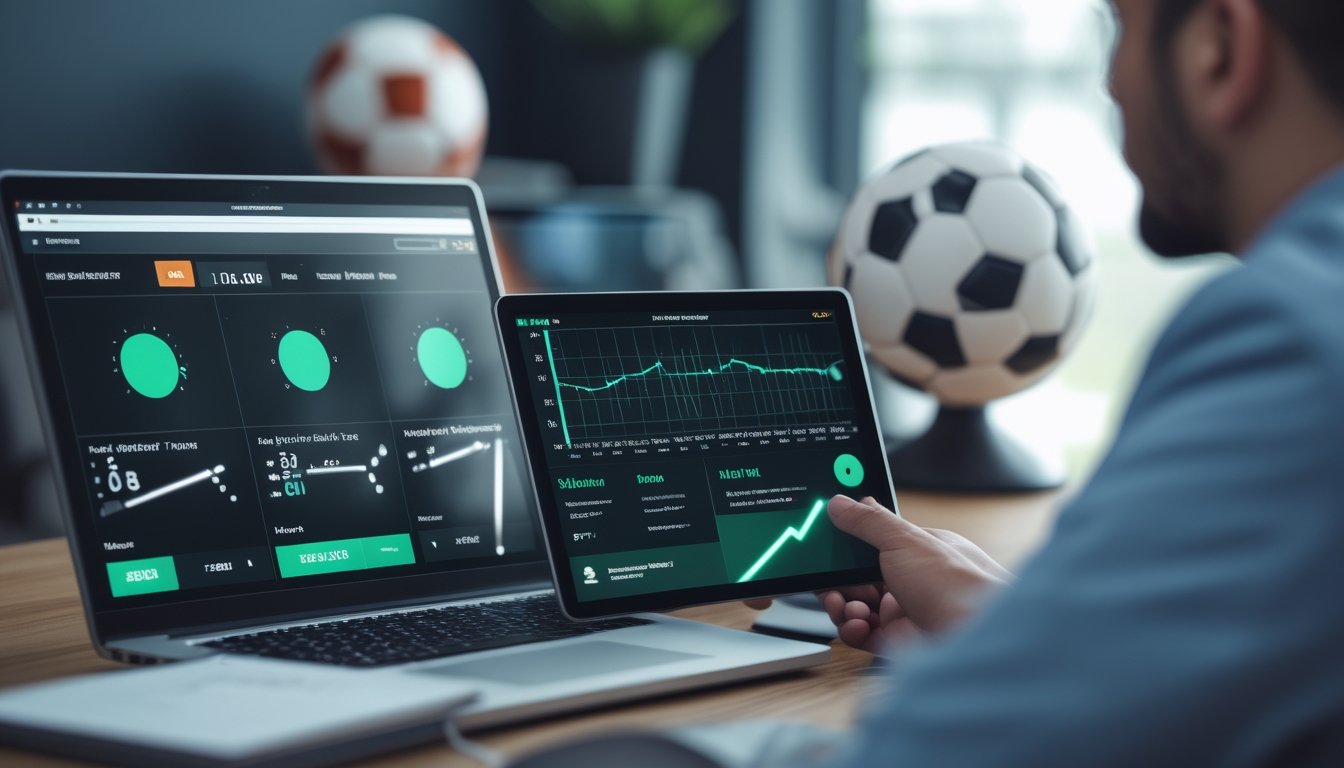 Seorang analis sepak bola memeriksa statistik pertandingan dan grafik peluang di meja kerja dengan laptop, tablet, dan bola sepak.