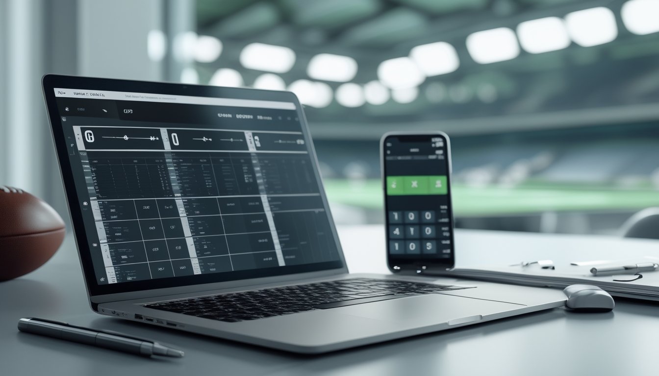 Meja kerja modern dengan laptop dan ponsel menampilkan analisis pertandingan sepak bola, disertai buku catatan, kalkulator, dan bola sepak.