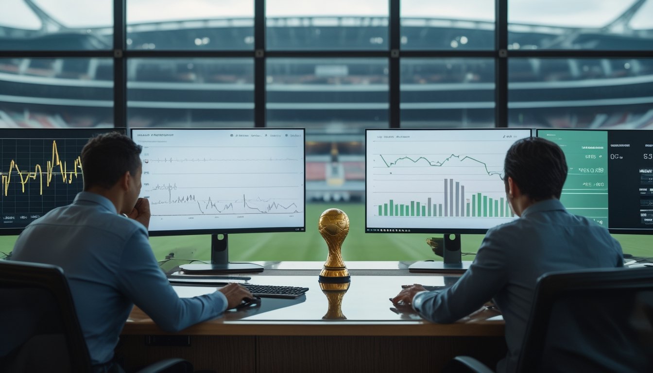 Analis olahraga mempelajari data pertandingan sepak bola di ruang kerja dengan stadion dan trofi sepatu emas di latar belakang.