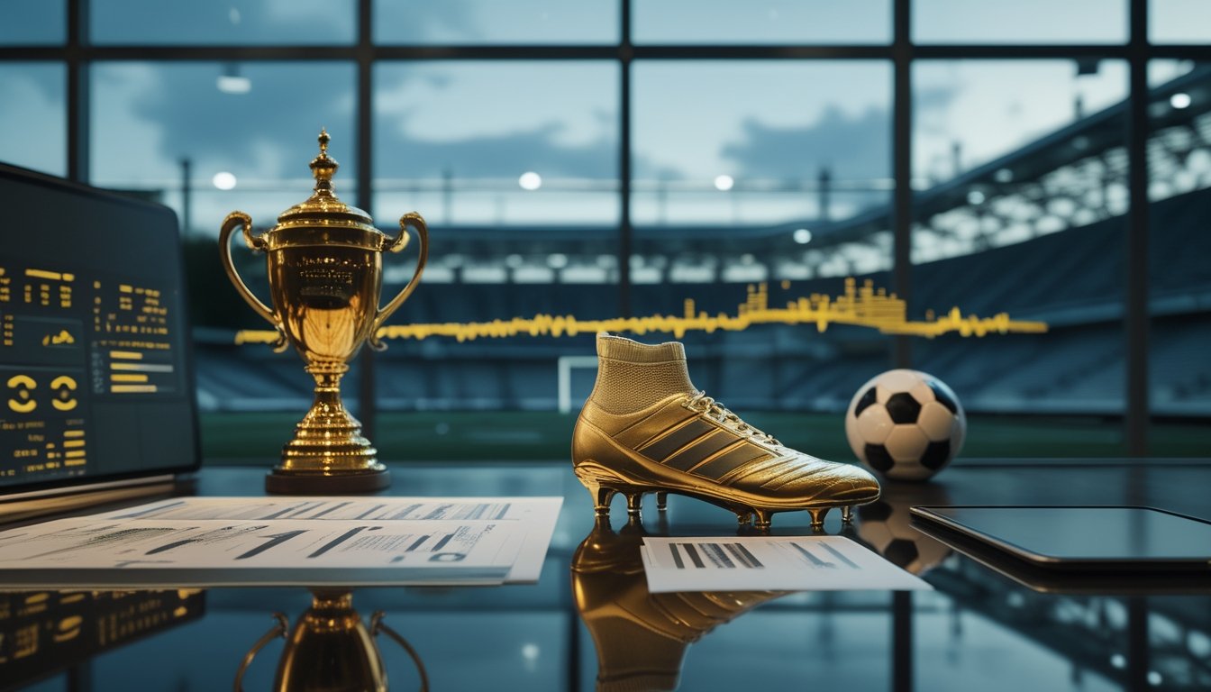 Piala sepak bola berwarna emas di meja analisis dengan latar stadion dan grafik data.