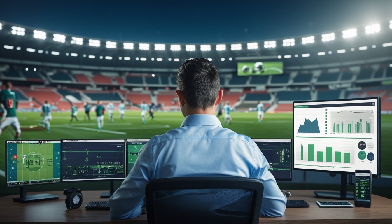 Seorang analis memantau pertandingan sepak bola langsung dan data pertandingan di ruang kerja modern.