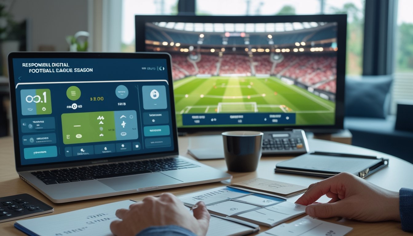 Meja kerja modern dengan laptop dan ponsel yang menampilkan antarmuka sepak bola serta perlengkapan perencanaan keuangan, dengan stadion sepak bola terlihat di latar belakang.