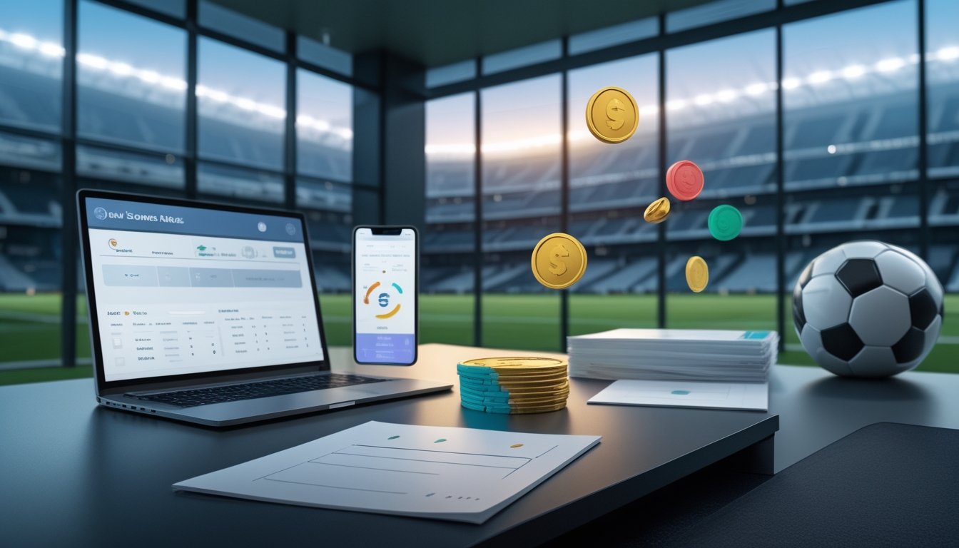 Analis meninjau data sepak bola dan simbol bonus di ruang kerja modern dengan stadion terlihat di luar jendela.