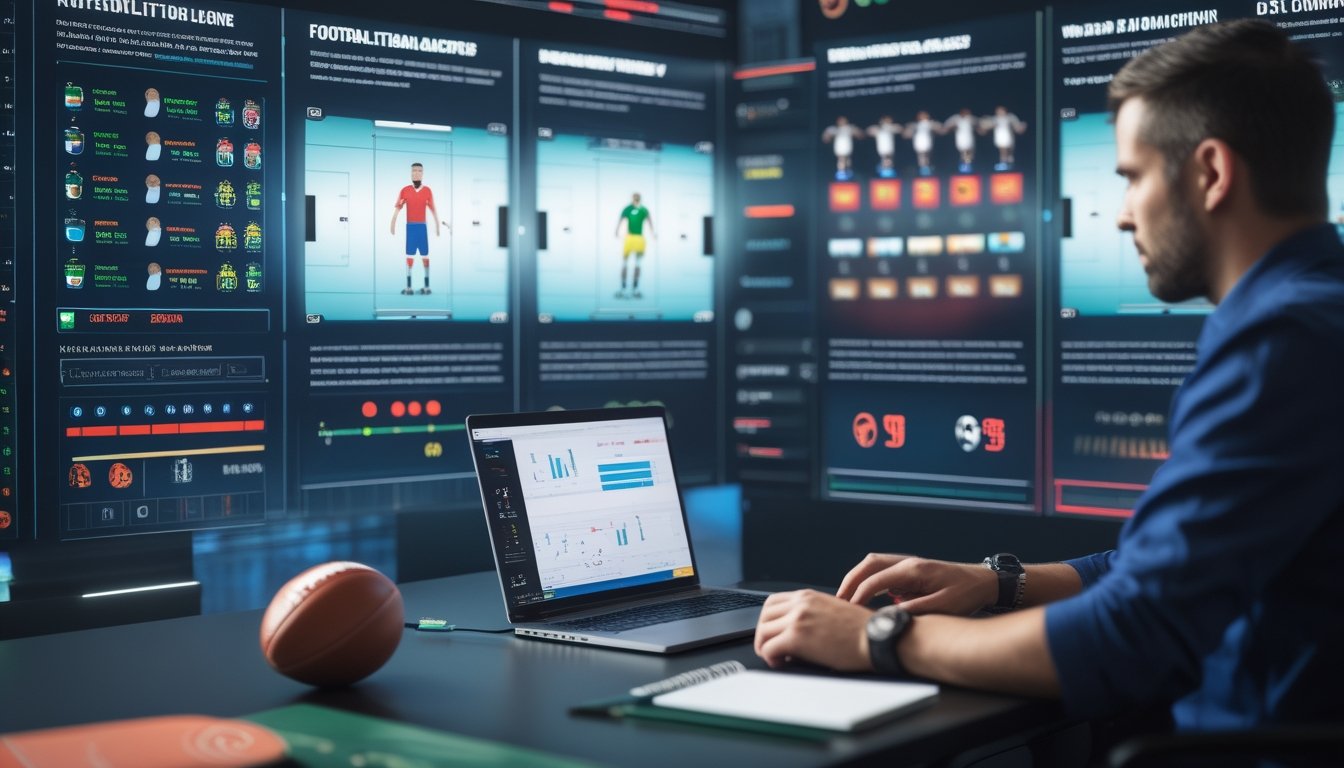 Analis olahraga membandingkan performa dua tim sepak bola nasional menggunakan data di ruang kerja modern.