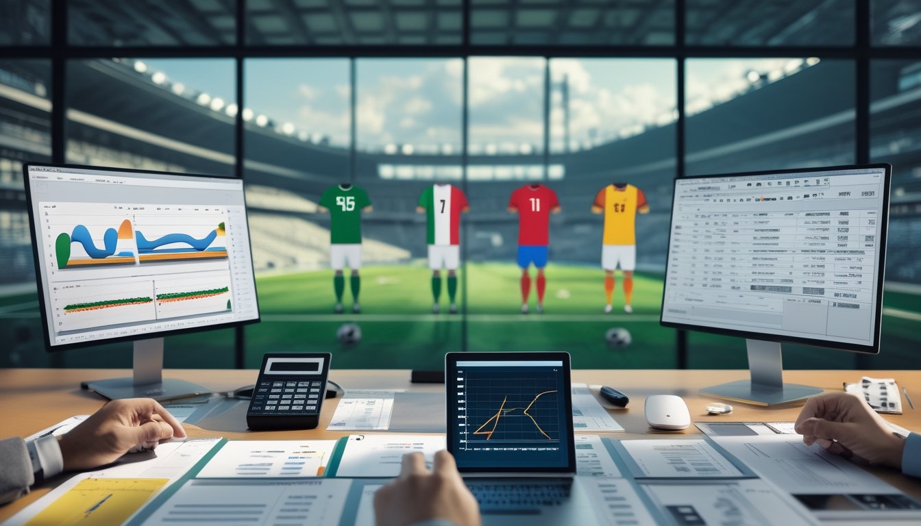 Meja analisis sepak bola dengan grafik statistik, bola, dan stadion di latar belakang.