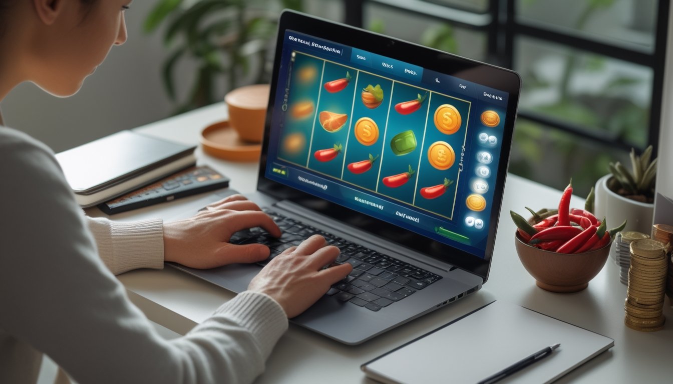 Orang dewasa memainkan permainan slot bertema buah di laptop dengan buku catatan dan cabai di meja.