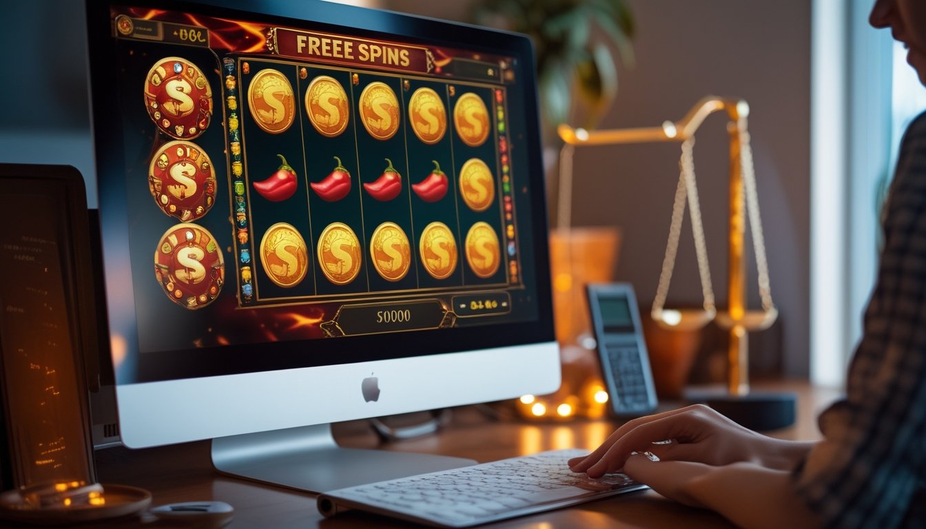 Meja komputer menampilkan permainan slot bertema cabai dengan koin, kalkulator, dan catatan untuk menggambarkan pemahaman serta pengelolaan fitur putaran gratis.