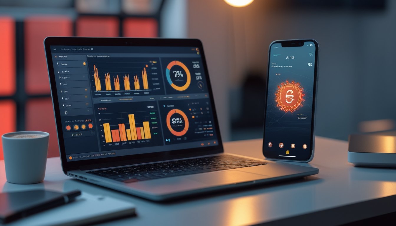 Meja kerja modern dengan laptop berisi grafik analisis, ponsel dengan tampilan permainan abstrak, serta buku catatan dan cangkir kopi.