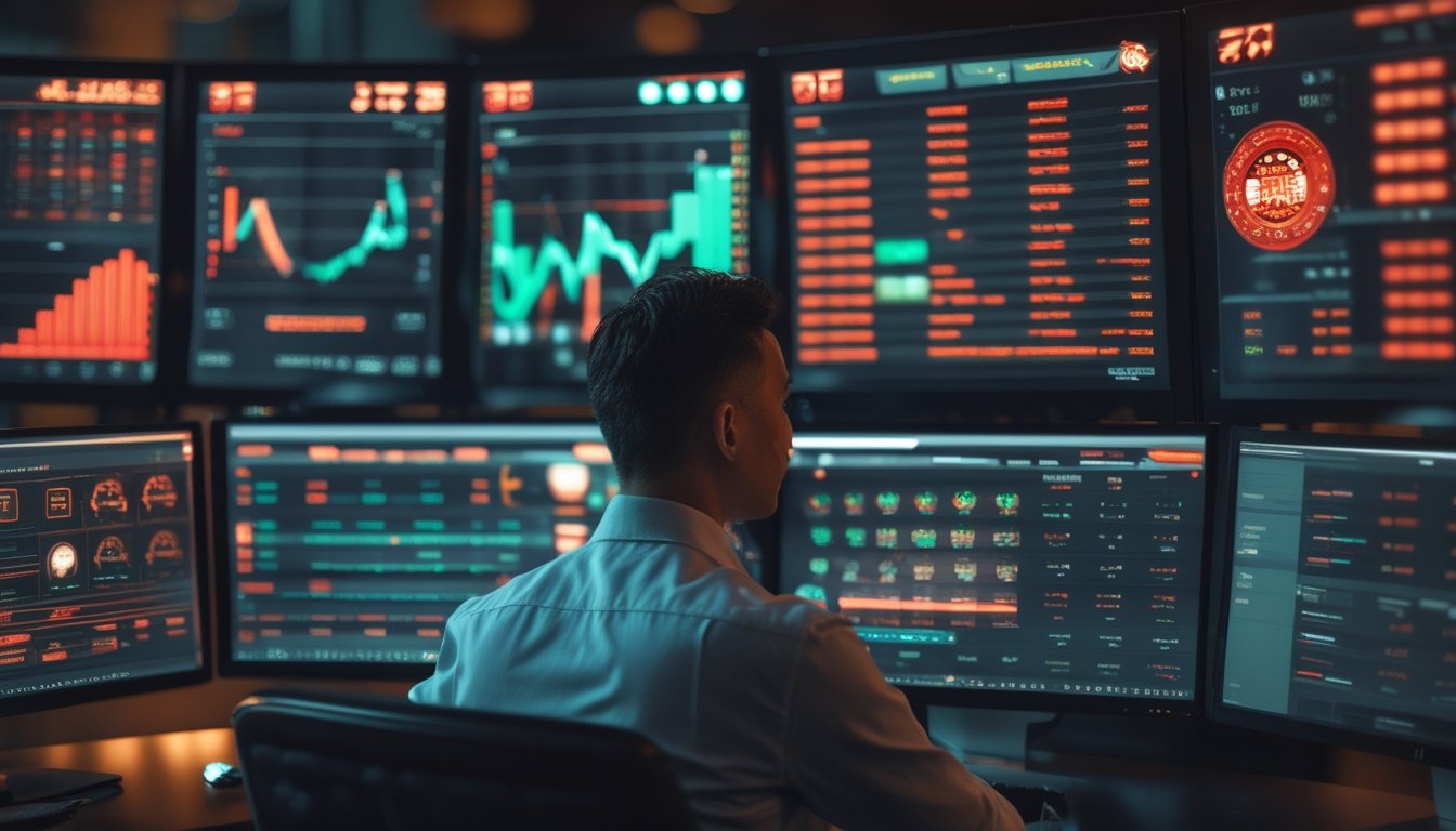 Seorang analis mengamati grafik probabilitas dan volatilitas pada beberapa layar komputer dalam ruang kerja modern dengan aksen cahaya merah dan hijau.