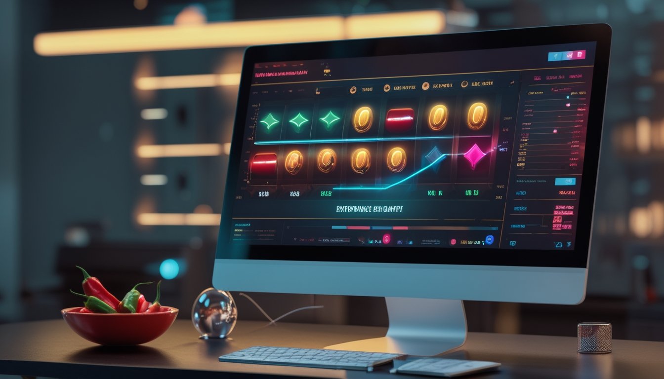 Monitor dengan tampilan permainan slot abstrak dan grafik tren, disertai semangkuk cabai merah dan hijau di atas meja.