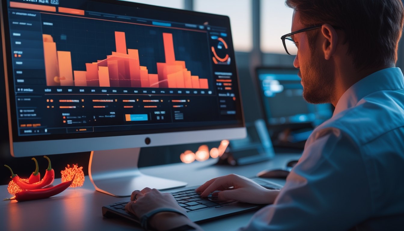 Seorang analis mengamati grafik data abstrak di monitor dengan cabai merah di meja.