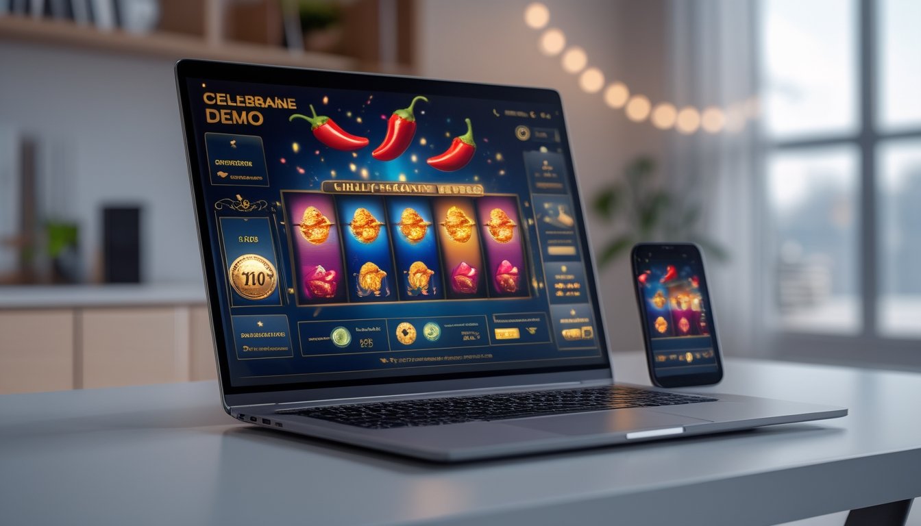 Perangkat laptop dan ponsel menampilkan permainan slot bertema cabai dengan warna merah dan aksen emas.