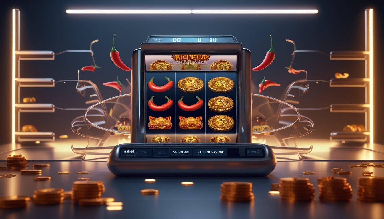 Mesin slot bertema cabai dengan koin emas dan pencahayaan kontras yang menggambarkan perbandingan kelebihan dan kekurangan.