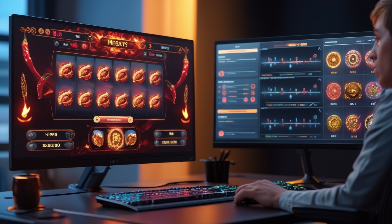 Seseorang membandingkan beberapa tampilan permainan slot bertema cabai pada monitor komputer.