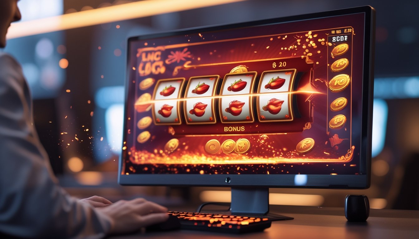 Monitor menampilkan permainan slot bertema cabai dengan simbol bonus bercahaya dan efek fitur yang sedang aktif.