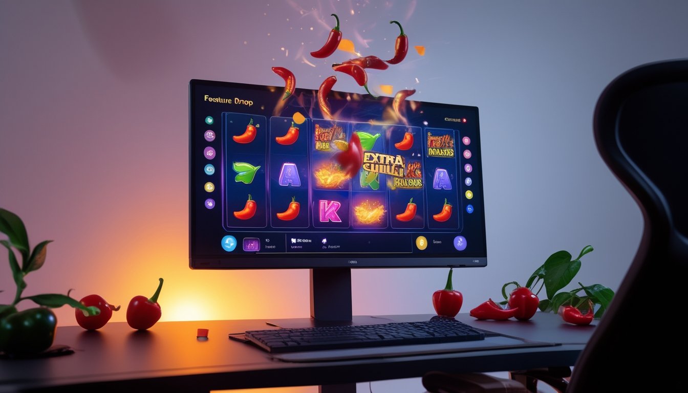 Monitor menampilkan permainan slot bertema cabai dengan elemen bonus yang jatuh ke area permainan.