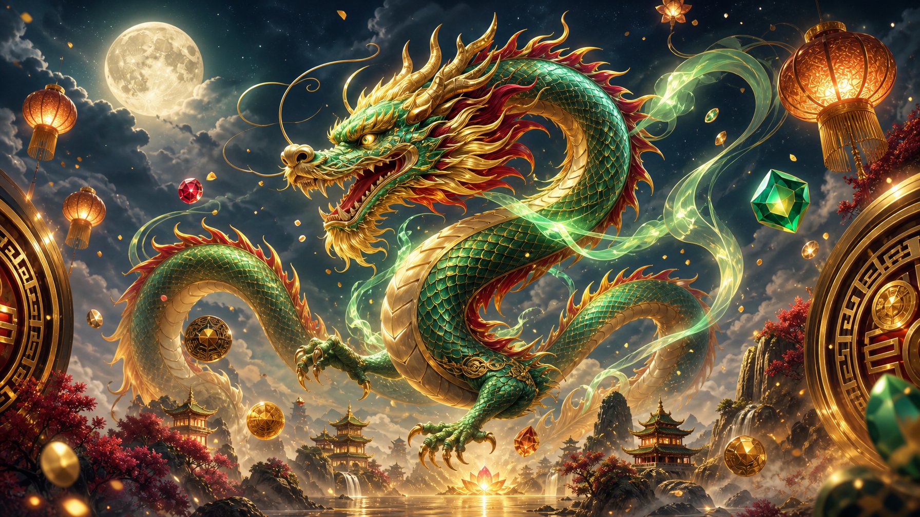 A Glowing Chinese Dragon Floats Above A Mystical Moonlit Landscape Surrounded By Clouds, Lanterns, And Golden Light.