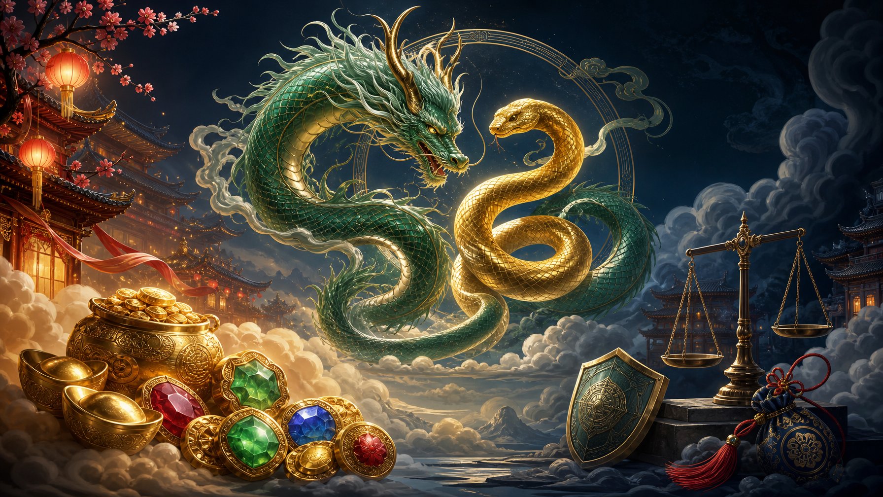 A Jade Dragon Coils Around A Glowing Golden Serpent Above Clouds And Ornate Rooftops, Surrounded By Balanced CasinoInspired Symbols And Protective Imagery.