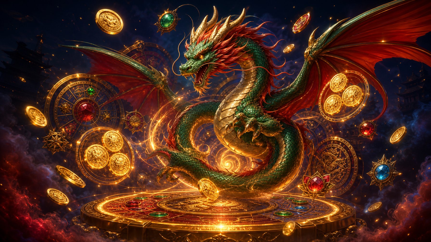 A Jeweled Dragon Spirals Above A Glowing Circular Platform Surrounded By Floating Coins And Magical Golden Light.
