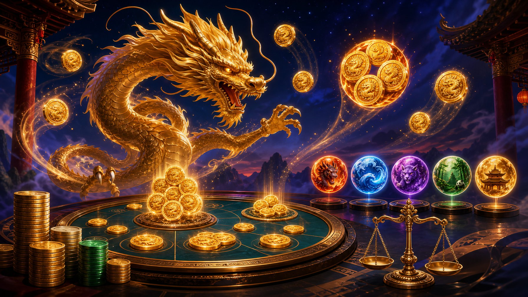 A Golden Dragon Floats Above A Circular Game Board Surrounded By Glowing Coins, Balanced Stacks, And Colorful Orbs.