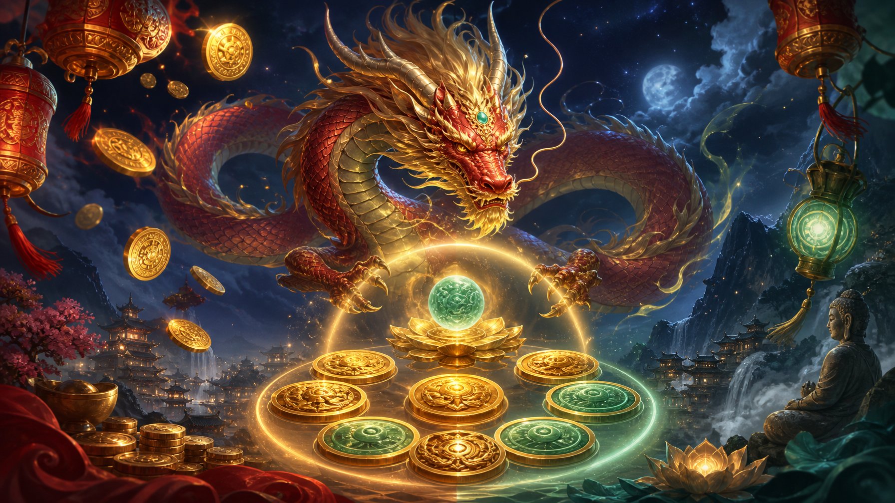 A Majestic Dragon Floats Above Glowing Gold Coins And Ornate Lanterns In A Fantasy Casino Setting.