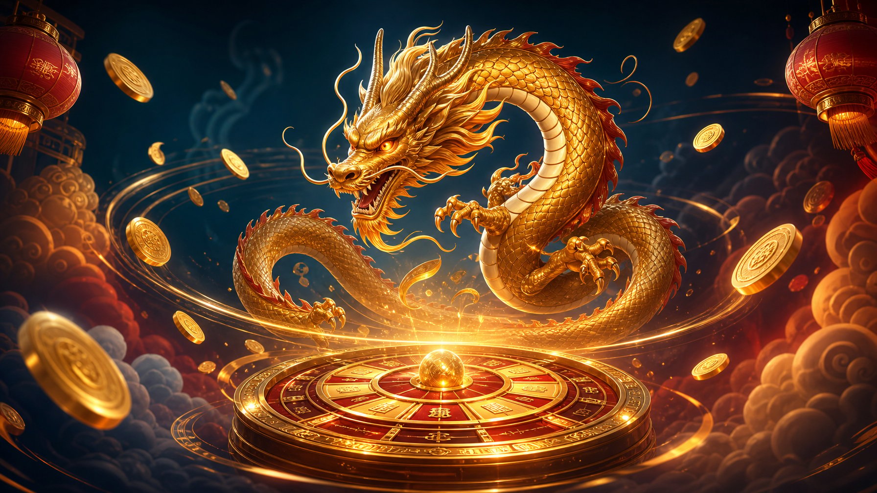 A Golden Dragon Floats Above A Glowing Circular Game Mechanism While Coins And Lanterns Swirl Through A Colorful Fantasy Casino Scene.