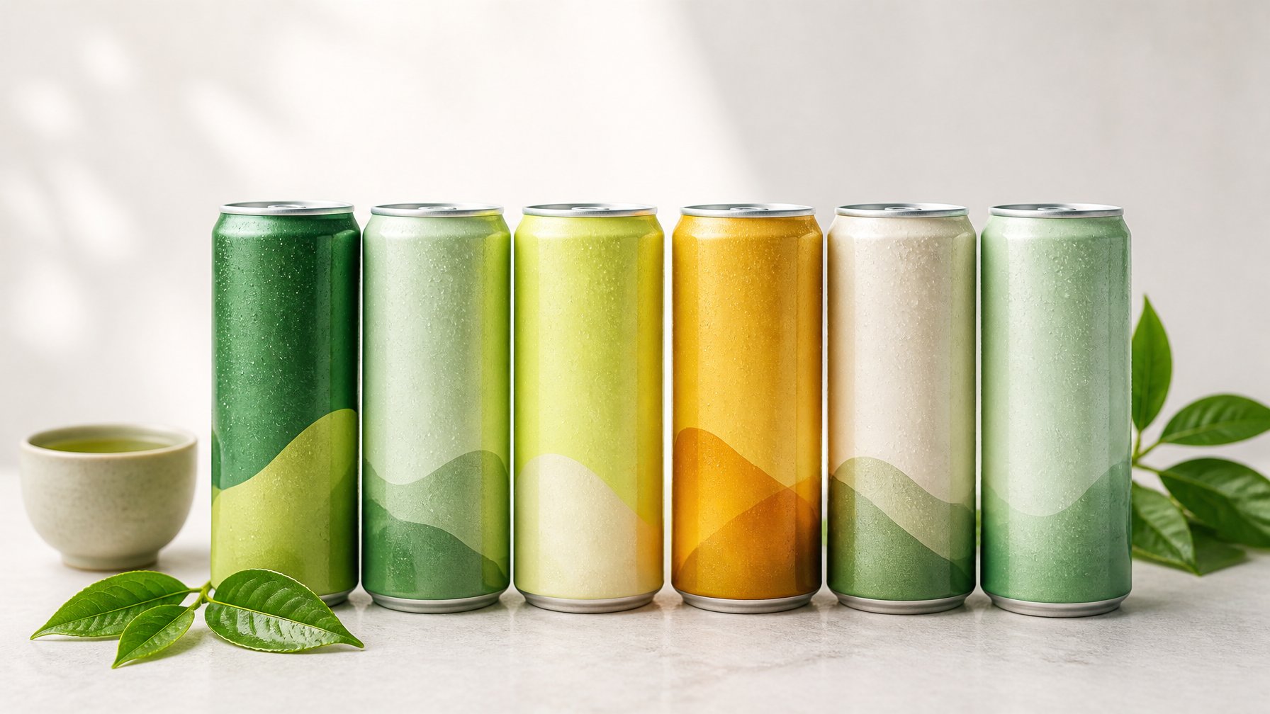 Six green tea energy drink containers arranged as a variety pack beside tea leaves and a cup of green tea.