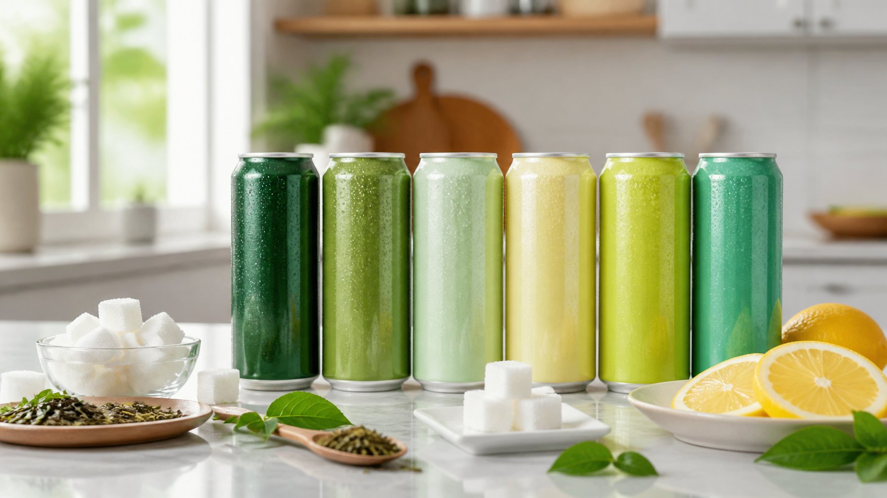 Six green tea energy drink containers arranged with tea leaves, lemon slices, and sugar cubes on a kitchen counter.