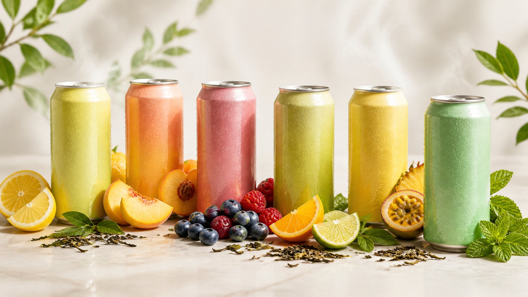 Six blank green tea energy drink cans arranged with fruit and mint ingredients representing different flavors.