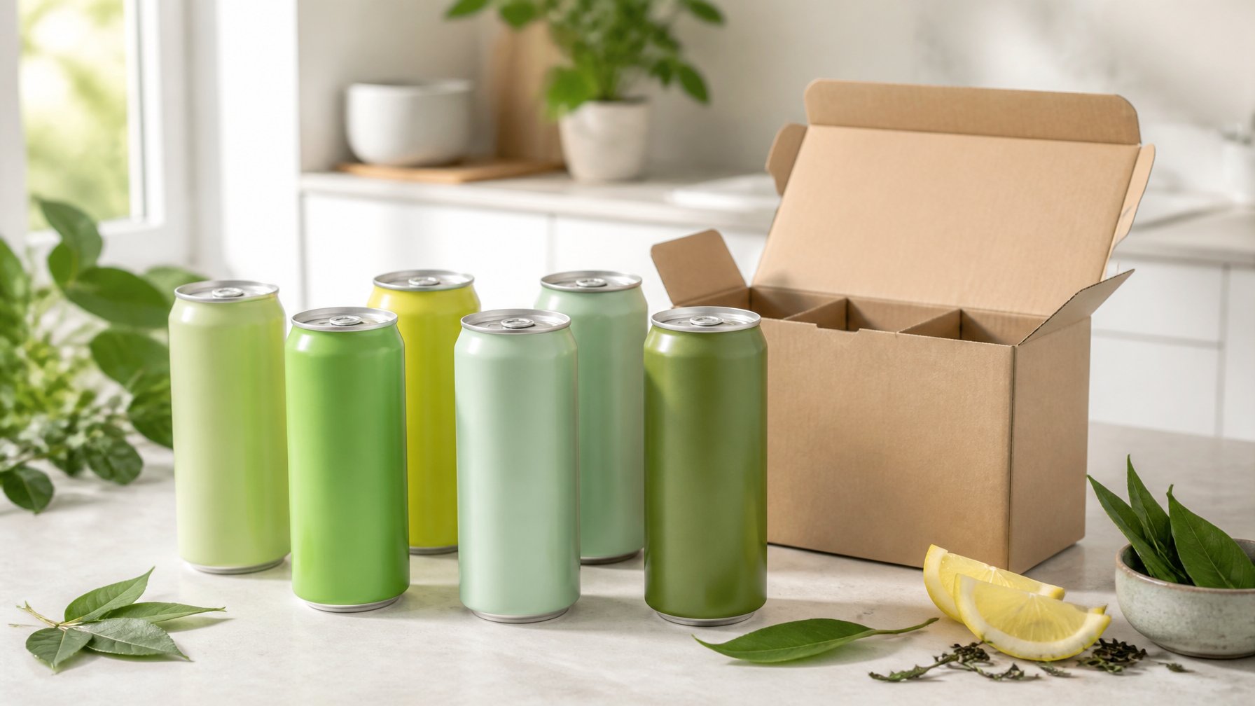 Six green tea energy drink cans arranged beside an open multipack carton on a bright kitchen table.