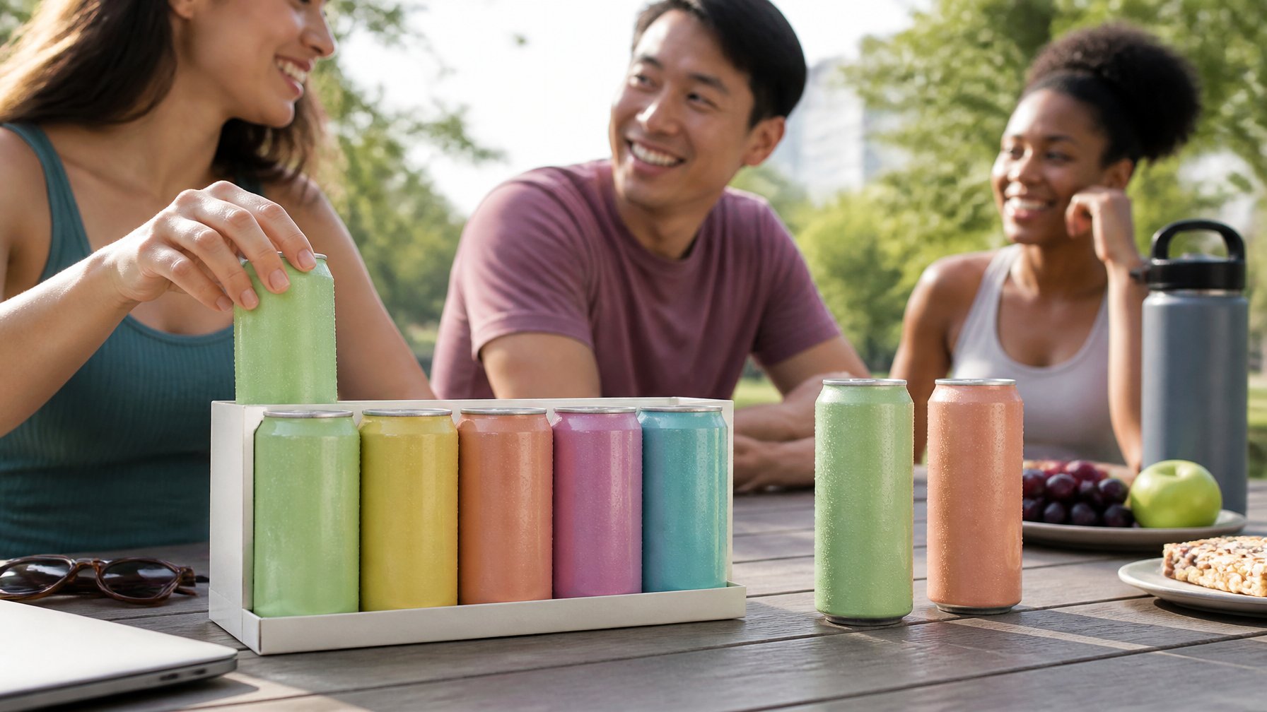 Adults relaxing outdoors with a six-pack of green tea energy drinks, fruit, and snacks on a picnic table.
