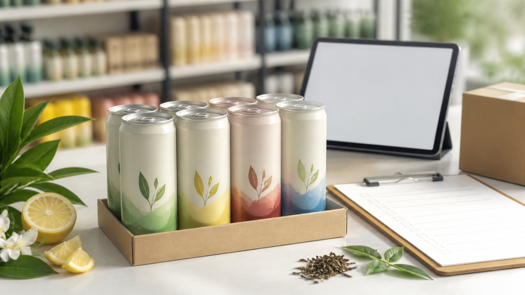 Six colorful green tea energy drink cans arranged beside a shopping box and blank checklist on a clean countertop.