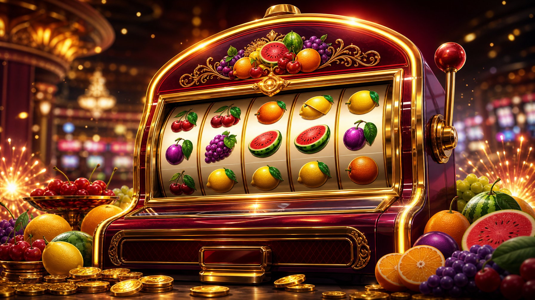 A Colorful FruitThemed Slot Machine Surrounded By Glowing Coins And Festive Lights.