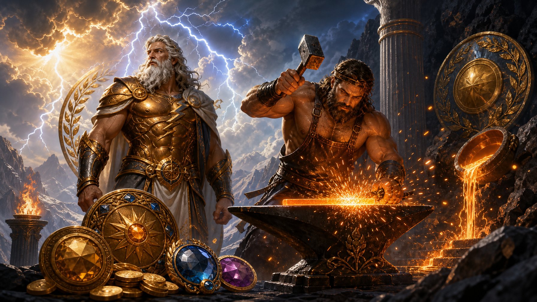 A Mythological Blacksmith Forges Glowing Gold Beside A Thunderous Olympian Figure In A Celestial Mountain Workshop.