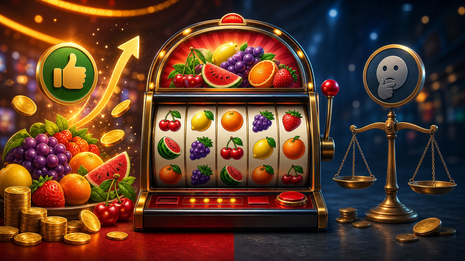 A Colorful Fruit Slot Machine Surrounded By Fruit, Coins, And Balanced Symbols Suggesting Advantages And Drawbacks.