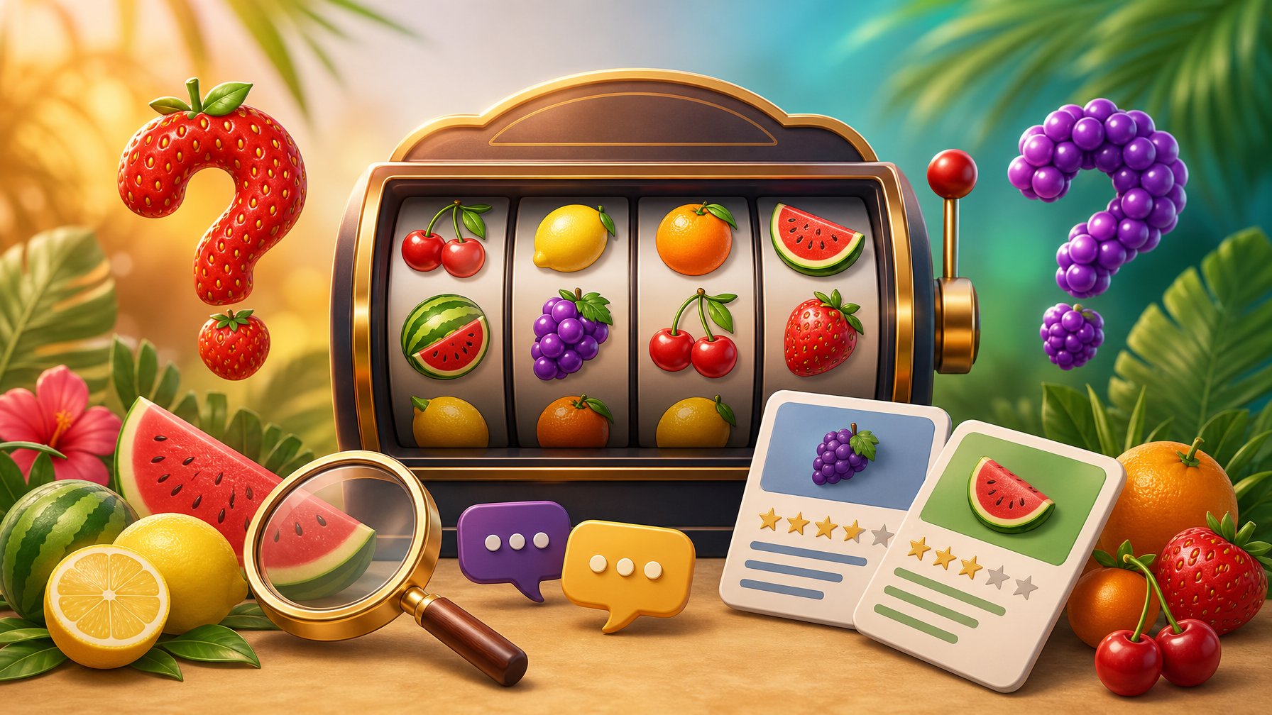 A Colorful FruitThemed Slot Machine Surrounded By Assorted Fruit And QuestionMark Accents.