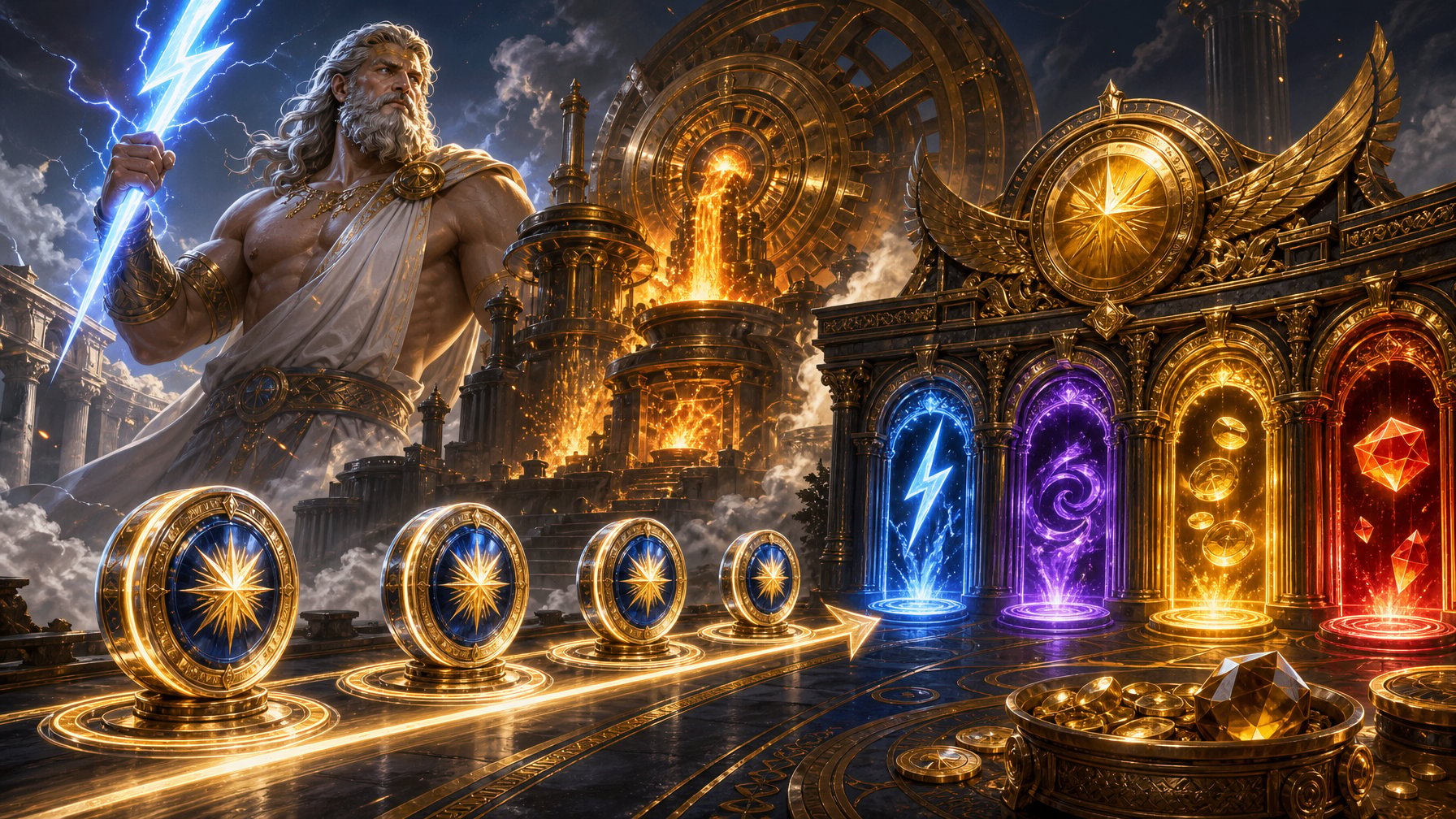 A Mythological Golden Forge Scene Showing Glowing FreeSpin Tokens Progressing Toward Several Radiant Bonus Gates.