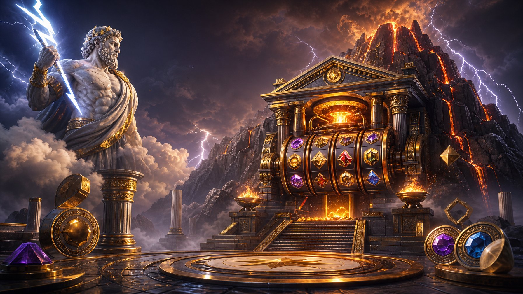 A Glowing Greek Temple In A Volcanic Mountain Beneath LightningFilled Clouds, Surrounded By Golden GamingInspired Ornaments.