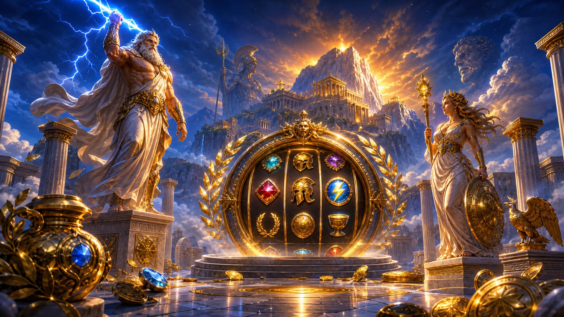 A Dramatic Golden Mount Olympus Scene With Marble Columns, Lightning, Mythological Figures, Glowing Tokens, And Scattered Gold Coins.
