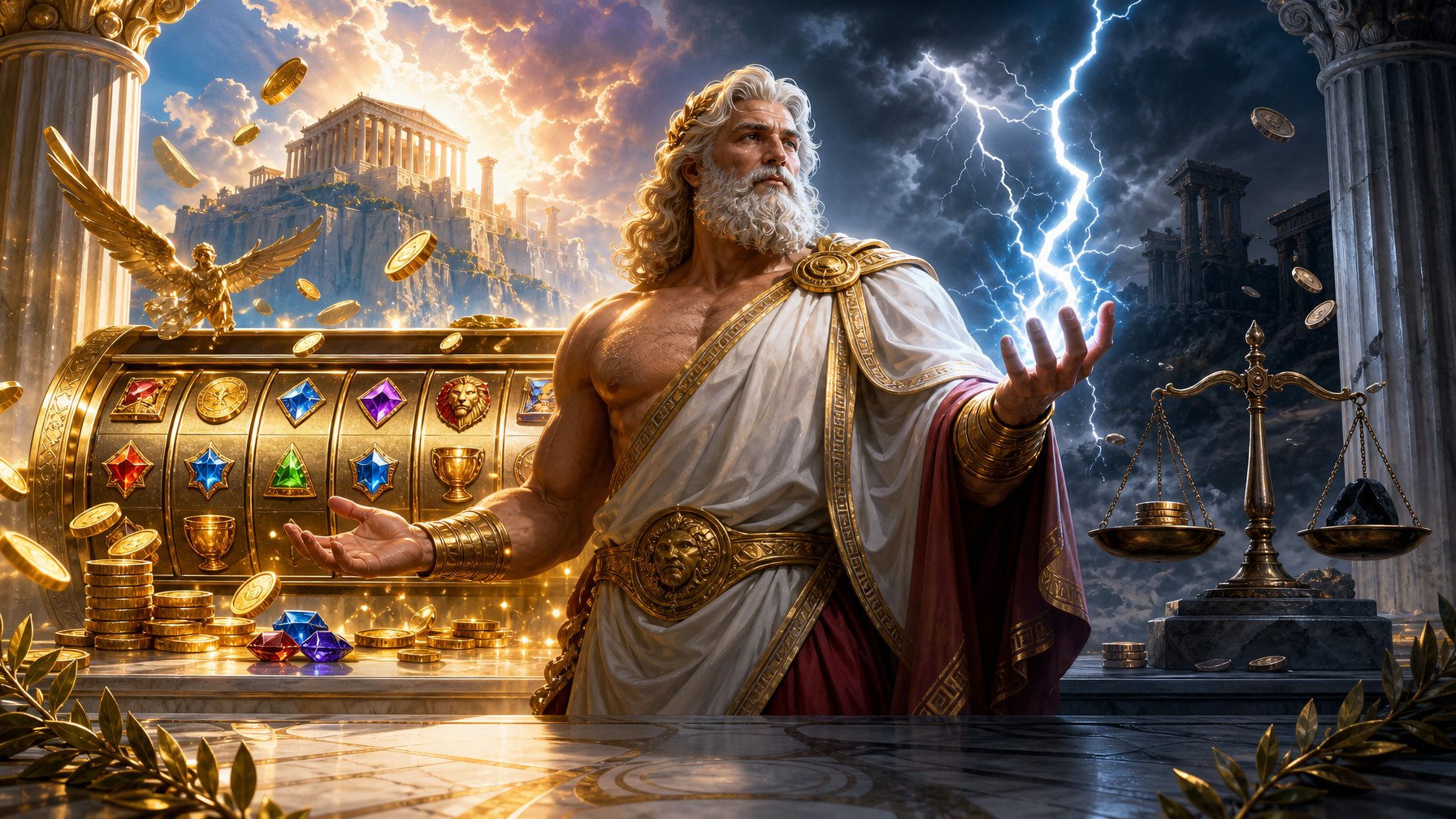 A Balanced Mythological Gaming Scene With A ZeusLike Figure, Golden Coins, Slot Symbols, Greek Columns, And Contrasting Signs Of Excitement And Caution.
