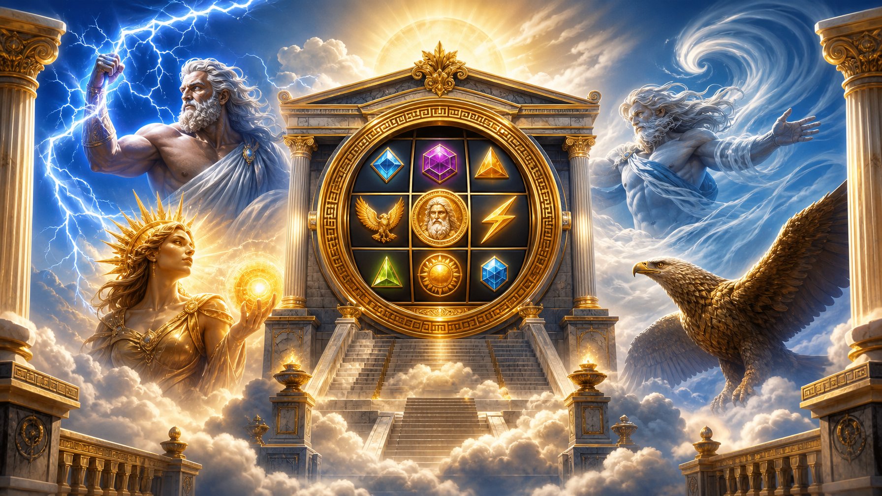 A Golden Greek Temple Rises Above Clouds Beneath A Bright Sky, Surrounded By Mythological Symbols Including Lightning, Wind, And An Eagle.
