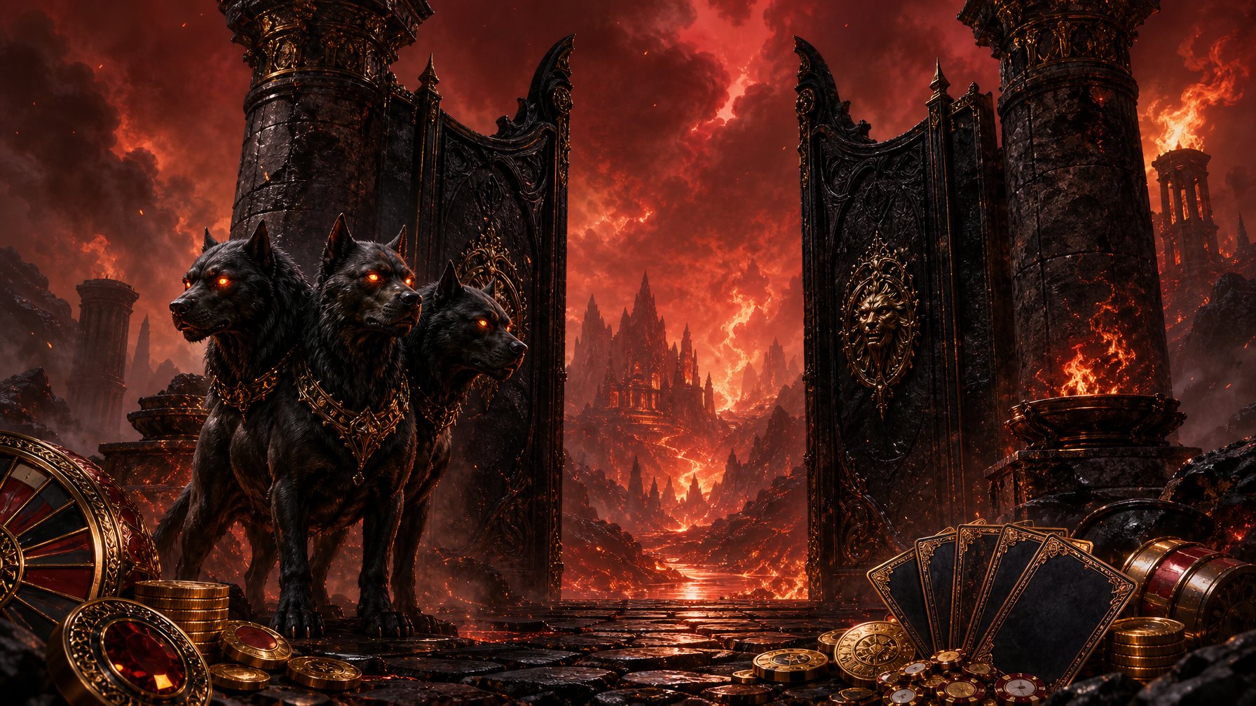 A ThreeHeaded Guardian Hound Stands Before Massive Obsidian Gates Leading Into A Glowing, Fiery Underworld, Surrounded By Coins, Smoke, And Embers.
