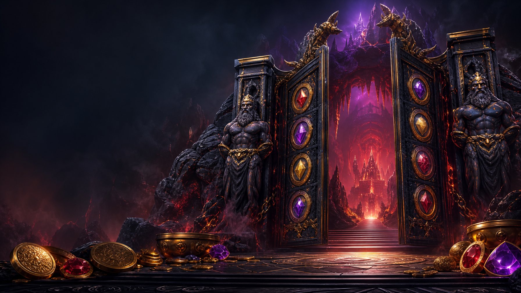 A Dramatic Underworld Gateway Surrounded By Glowing Jewels, Coins, Smoke, And Warm Firelight.