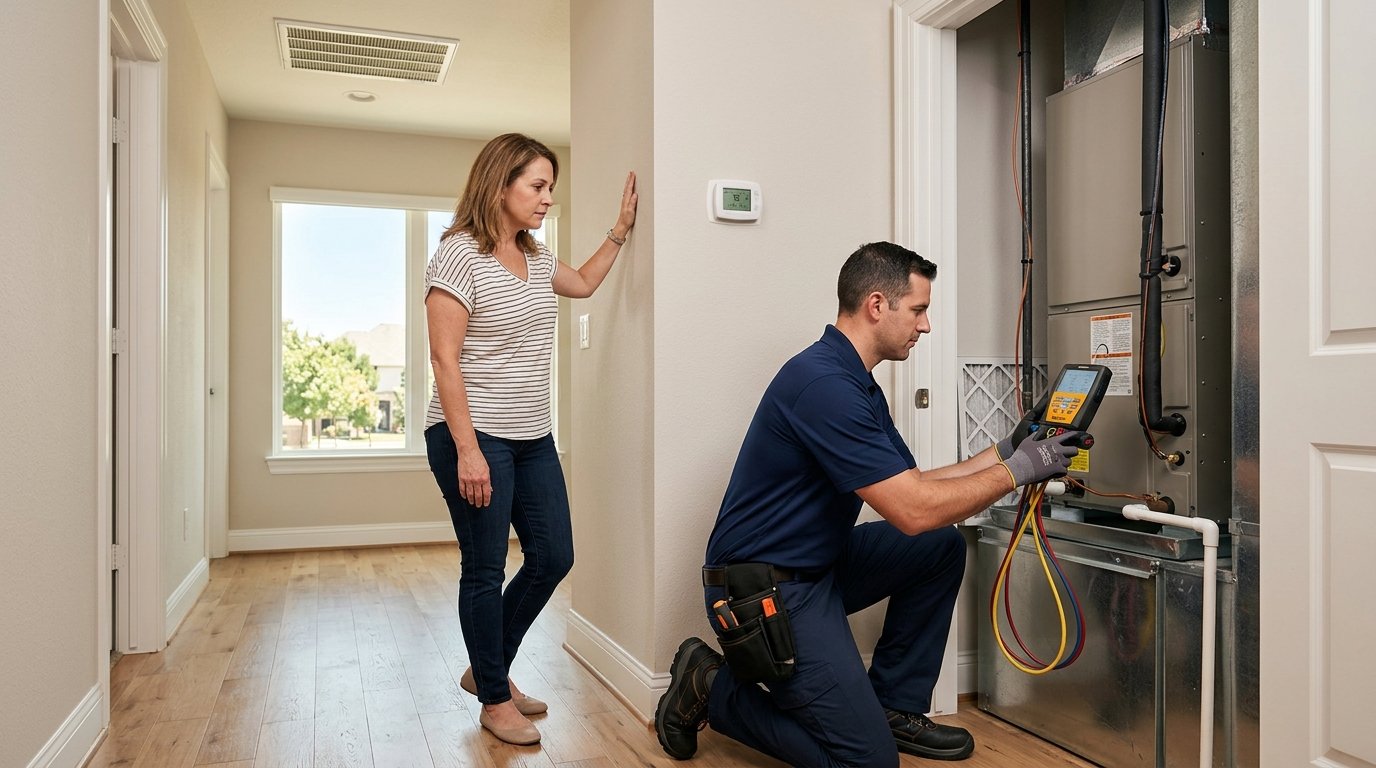 An HVAC technician inspects a residential air conditioning system while a homeowner checks an indoor vent.