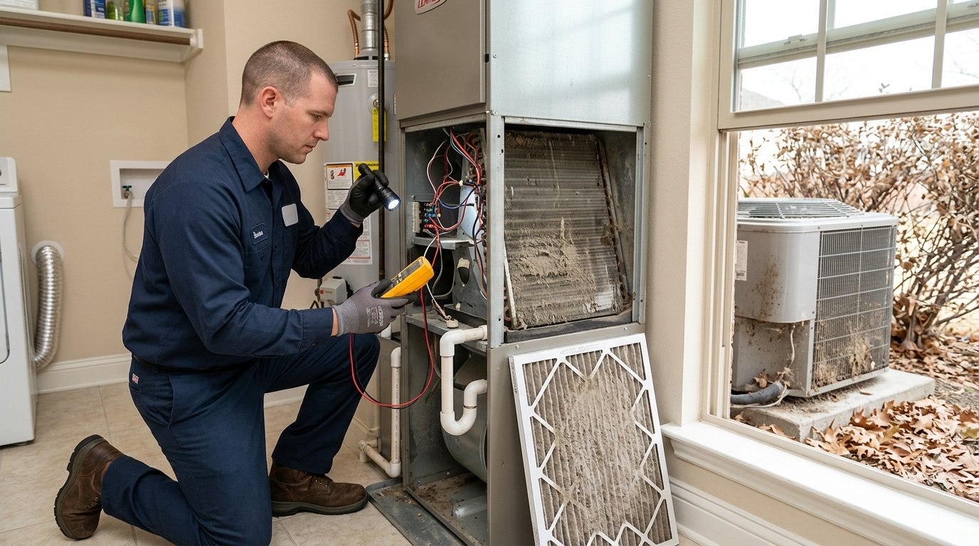 HVAC technician inspecting an indoor air conditioning system and its components.