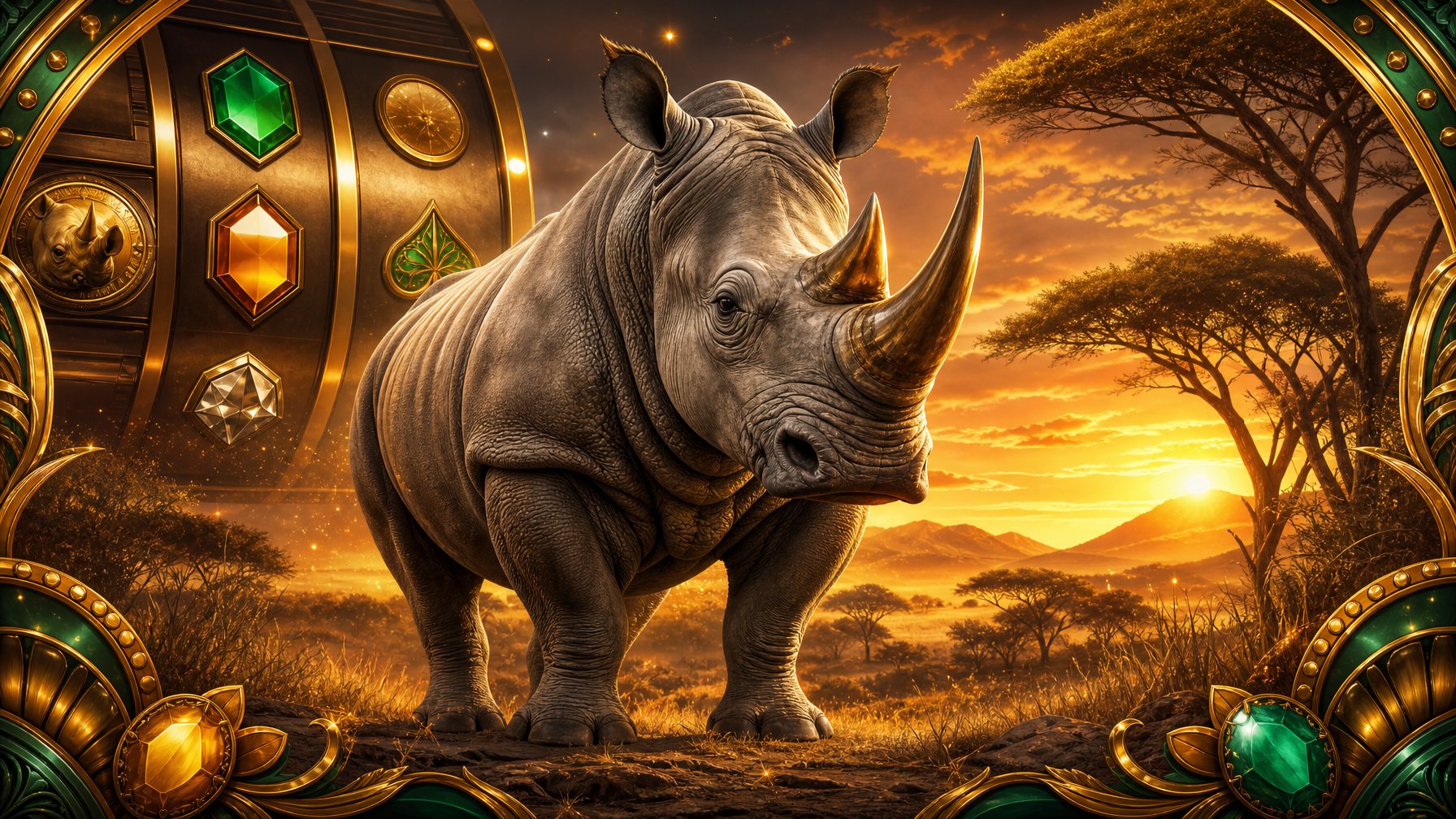 A Rhinoceros Stands Prominently On A Golden Savanna At Sunset With Subtle CasinoInspired Decorative Elements.