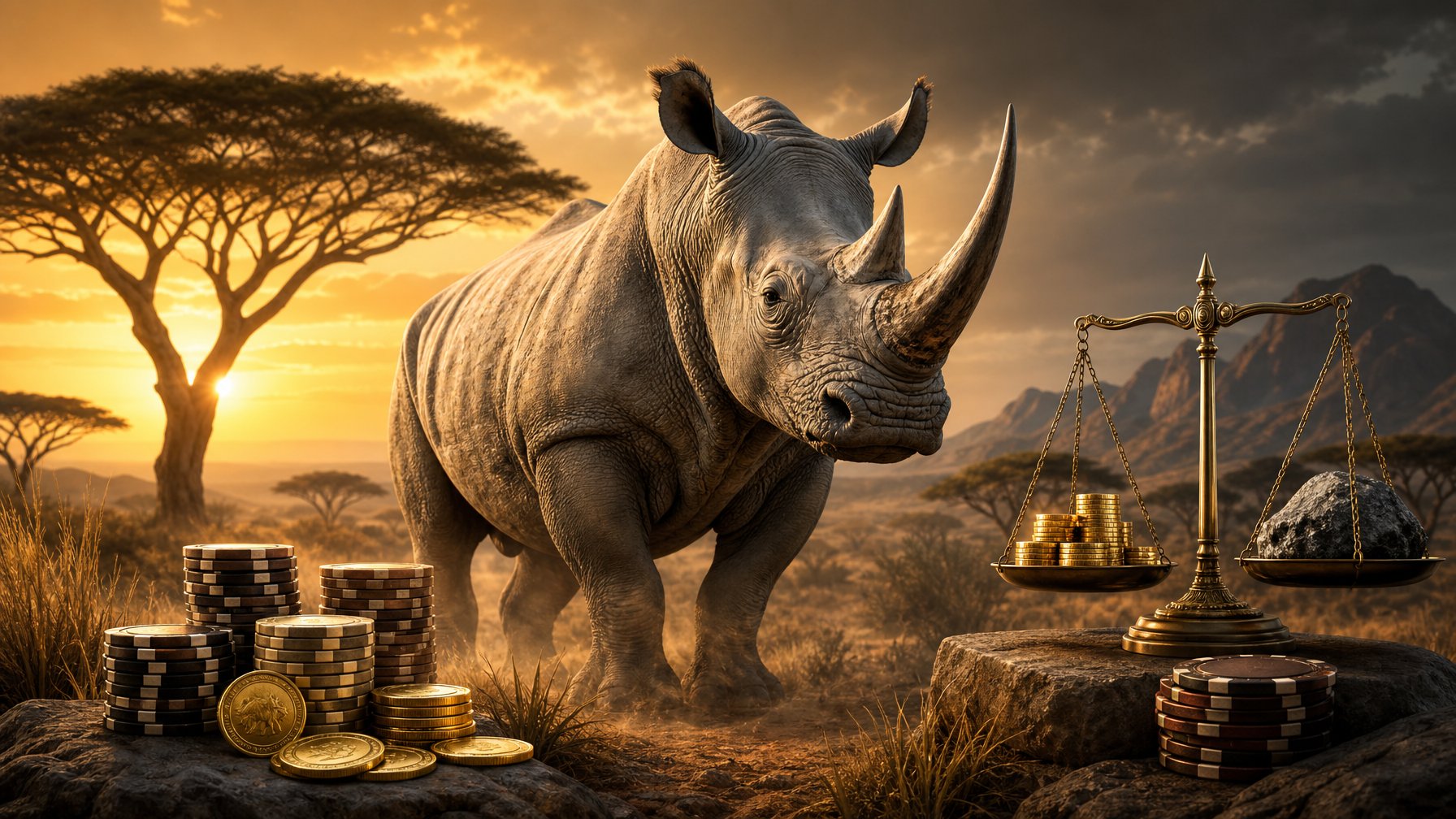 A White Rhinoceros Stands In A Sunlit African Savanna Beside Casino Chips And Gold Coins.