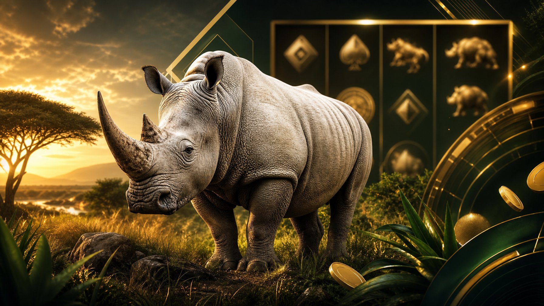 A White Rhinoceros Stands In A Lush Savanna With Subtle CasinoInspired Golden Lighting.