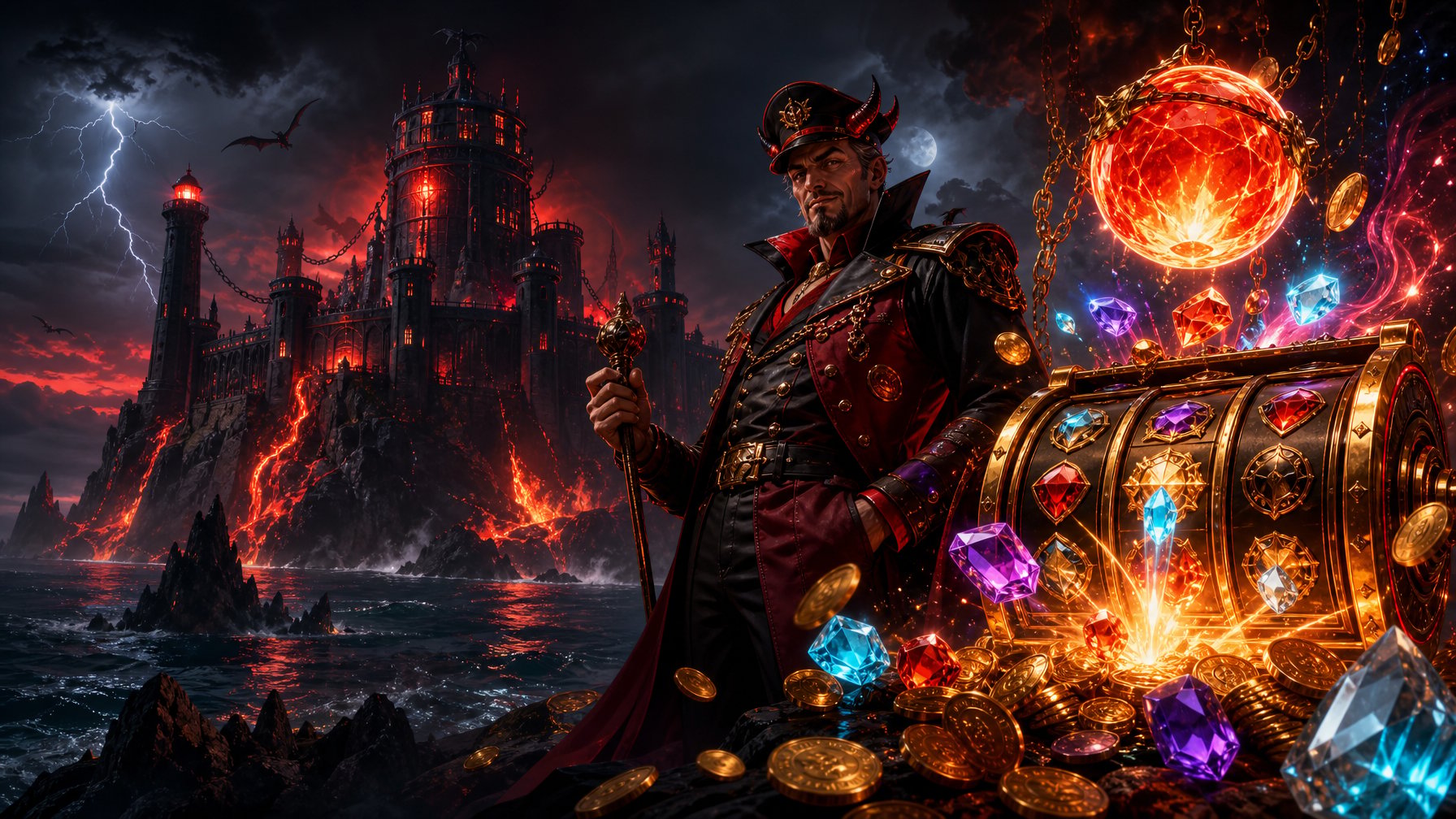 A Supernatural Prison Fortress Rises From A Volcanic Island Beside Glowing Slot Reels, Falling Coins, Crystals, And A Radiant Jackpot Orb.